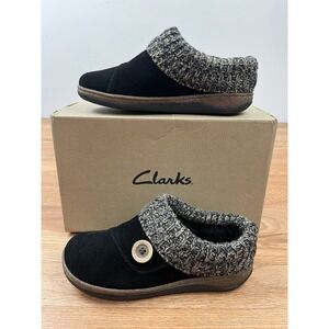 Clarks Suede Sweater Clog Slippers Women's Size 6 in Black Indoor/Outdoor NEW